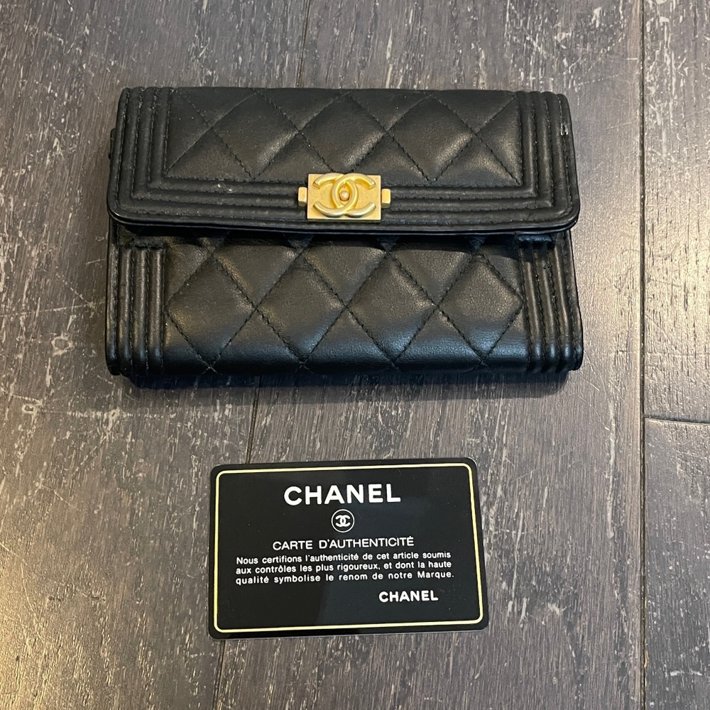 Chanel Black gold Boy Flap Trifold Wallet leather with authentication card